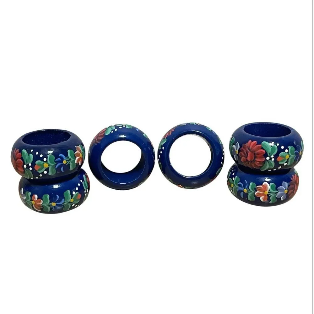 Hand-Painted Blue Floral Wood Napkin Rings Colorful Cottage Artsy Ornate 6 Set